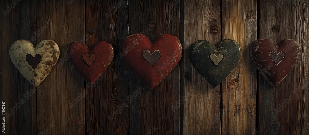 Poster heart-themed greeting card design on rustic wooden background with ample copy space for personalizat