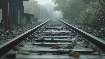 Rusty railroad tracks disappearing into a foggy landscape with autumn leaves scattered along the wet wooden ties