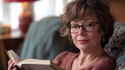 A Baby Boomer woman reading a book, wearing glasses as she enjoys some quiet time in her living room.