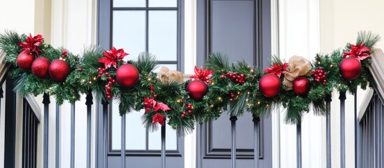 Festive Christmas Handrail Decoration with Red Ornaments and Greenery for Holiday Cheer