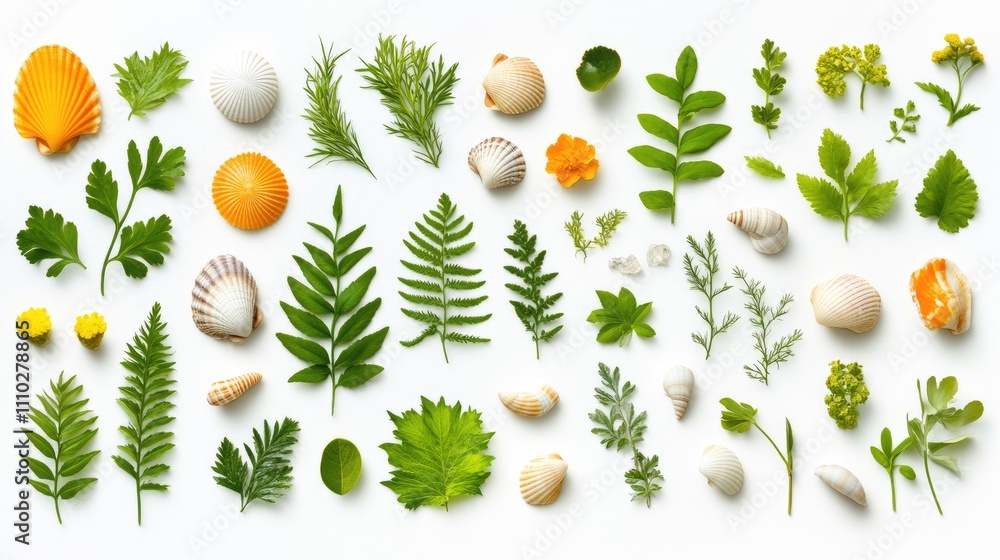 Poster natural branding mockup template with shells and foliage elements arranged on a light background for