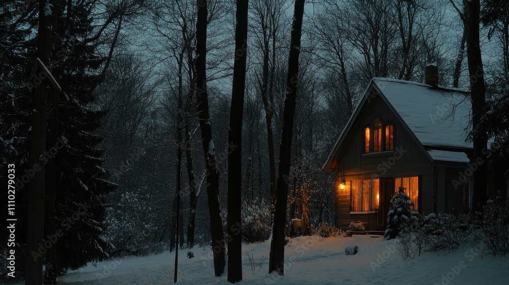 Poster cozy house illuminated at night surrounded by snow and trees creating a serene winter scene with a w