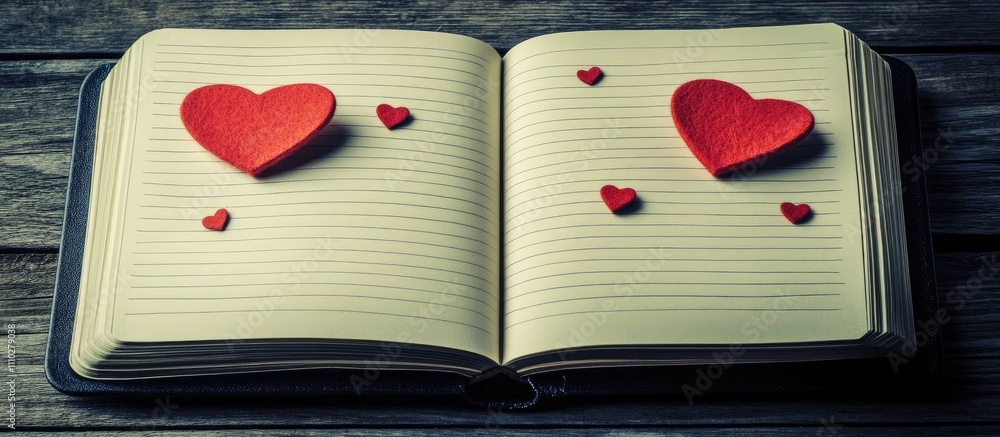 Poster open notebook with decorative red hearts on a rustic wooden background symbolizing love and creativi