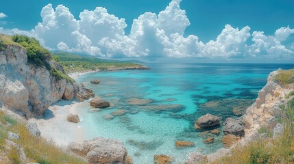 Turquoise waters and dramatic clouds over a serene beachscape Ideal for travel and vacation marketing imagery