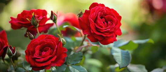 Fototapeta premium Vibrant red roses in full bloom showcasing lush petals and rich green foliage in a beautifully lit garden setting.