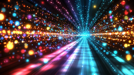 Obraz premium Vibrant colored light rays resembling constellations streaming across a dark cosmic background evoking themes of wonder connection energy and the vast mysteries of the universe