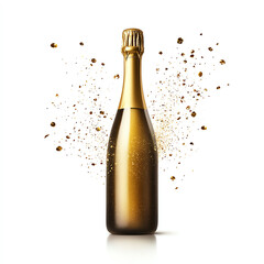 A sparkling champagne bottle with festive confetti and bubbles bursting around it.