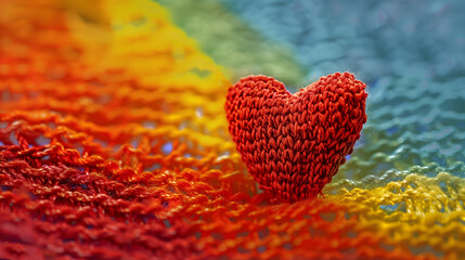 Fototapeta premium Crochet Red Heart on Rainbow Background