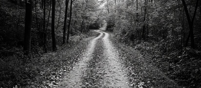 Winding forest path through trees in black and white showcasing tranquil autumn scenery and fallen leaves on a serene country road