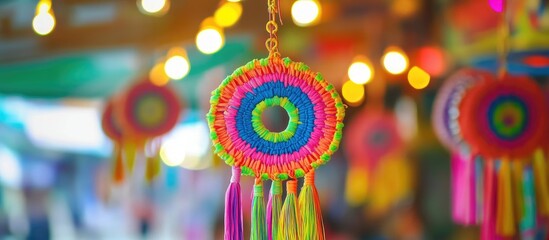 Traditional Korean Norigae ornaments with vibrant colors and tassels displayed against a blurred festive background.