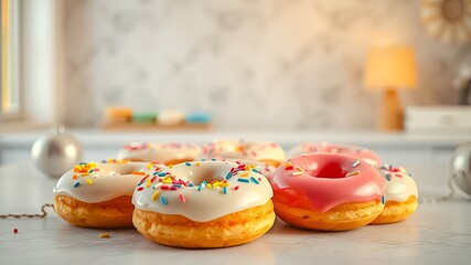 Sweet Confectionery Delights A Close-Up of Colorful Sprinkled Donuts on a Marble Surface