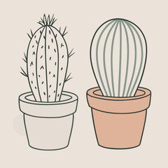 a black and white line drawing of two cactus plants in pots. The pots are round and have a small opening at the top