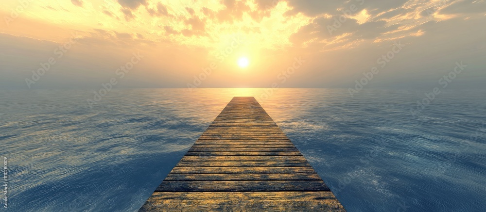 Poster sunset silhouette of a tranquil boardwalk jetty extending into calm waters creating a serene coastal