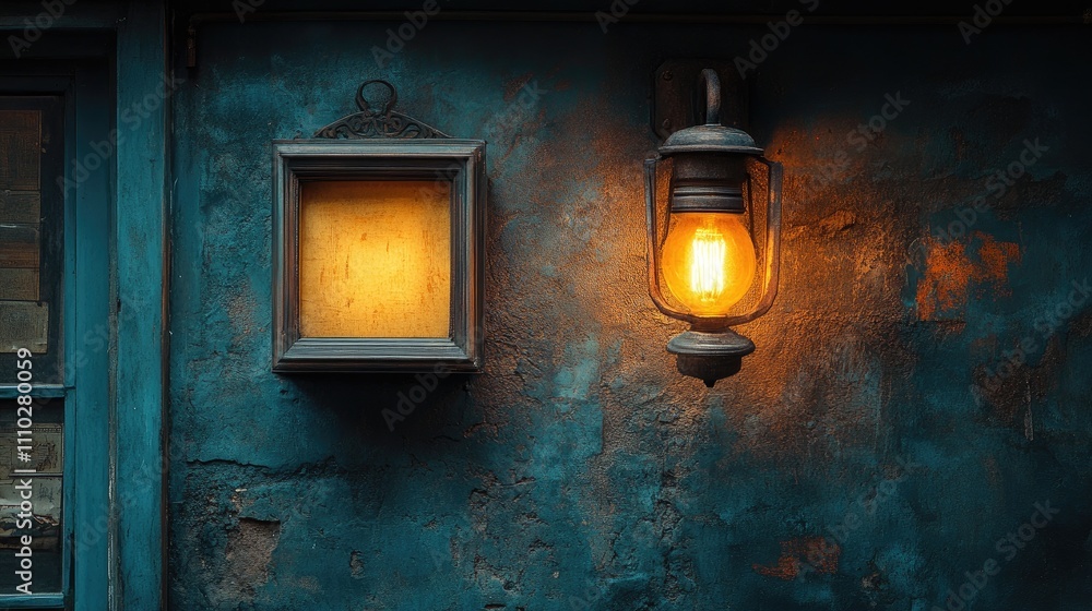 Poster vintage lantern and empty picture frame on a textured blue wall creating an atmospheric moody ambian