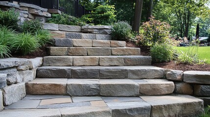Natural stone steps leading through a landscaped garden with lush greenery and elegant stonework creating a serene outdoor setting.