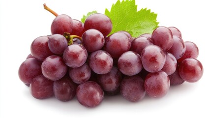 Obraz premium Fresh cluster of red grapes with vibrant green leaf isolated on white background showcasing natural texture and rich color for culinary use