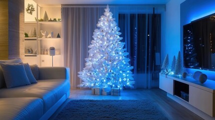 Cozy Living Room with Blue Christmas Tree Lights