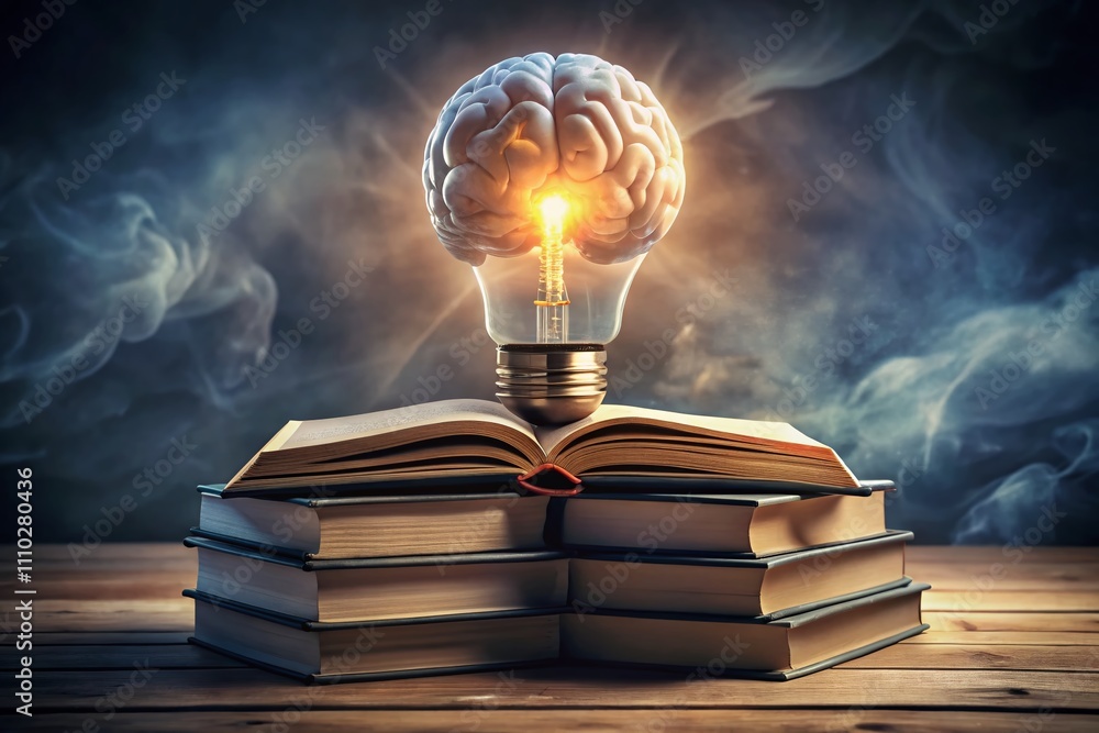 Poster creative architectural concept of a brain encased in a lightbulb resting on a stack of books, symbol