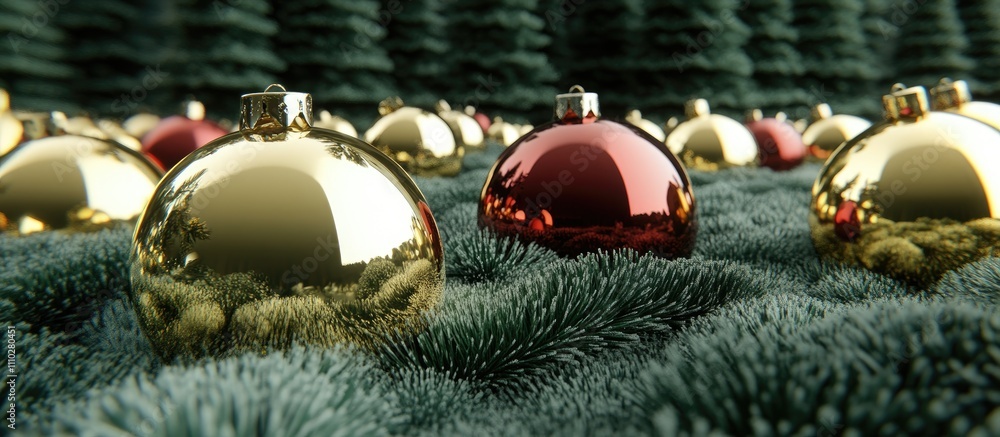 Poster beautiful array of shiny gold and red ornaments on a lush green christmas tree ideal for festive bac