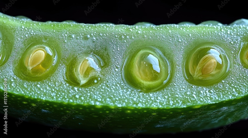 Aufkleber close-up of a thin cucumber slice with droplets showcasing its textured surface and seeds on a black