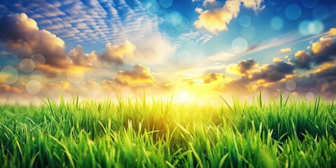 Obraz premium A vibrant green meadow bathed in the golden light of a setting sun, showcasing a picturesque panorama of fluffy clouds and a hazy sky.