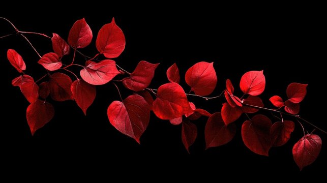 Vibrant red jathropa plant leaves beautifully contrasted against a sleek black background showcasing natural elegance and striking colors.