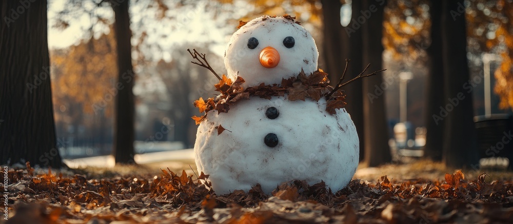 Poster weathered snowman with carrot nose surrounded by autumn leaves and trees in a tranquil park setting 