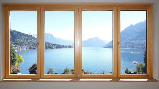 Fototapeta Scenic view through Italian wood window overlooking serene lake and mountains in bright natural light
