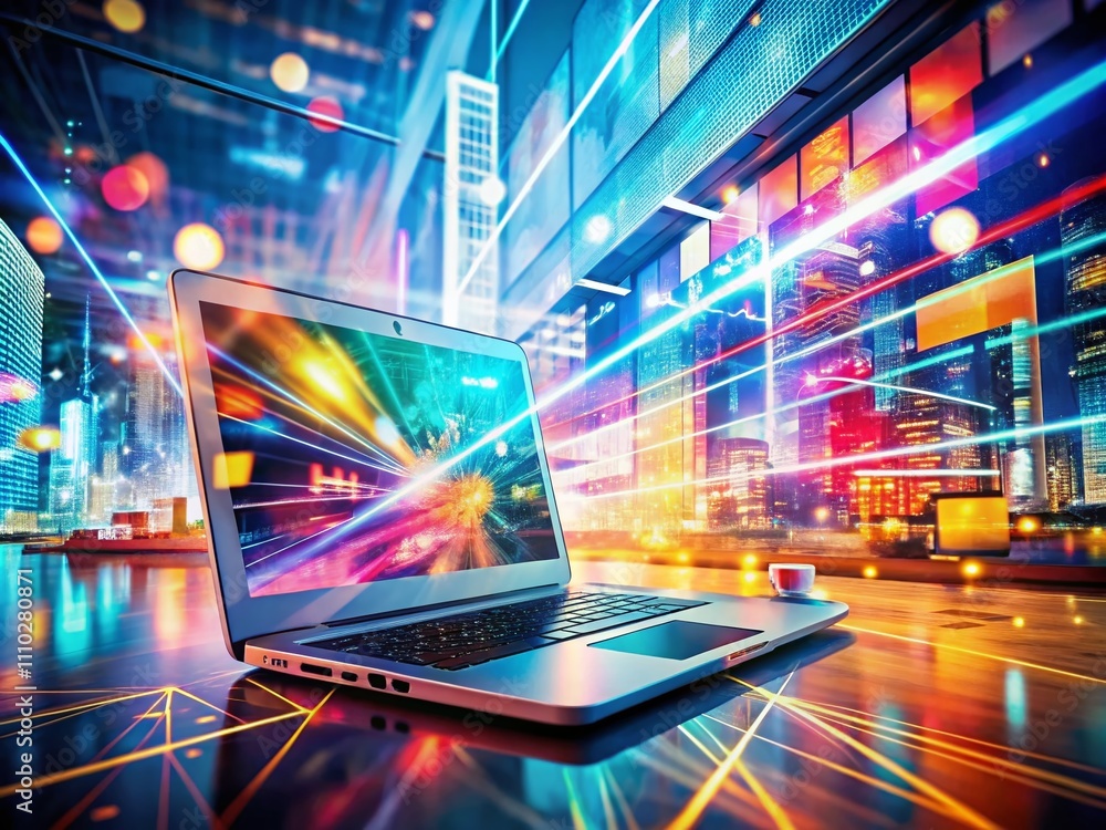 Poster creative double exposure photography featuring a laptop software update theme with abstract technolo