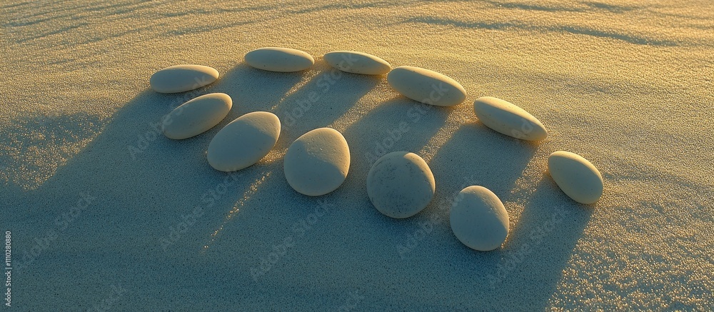 Poster pebbles arranged creatively on a sandy beach with soft sunlight casting shadows in a serene coastal 