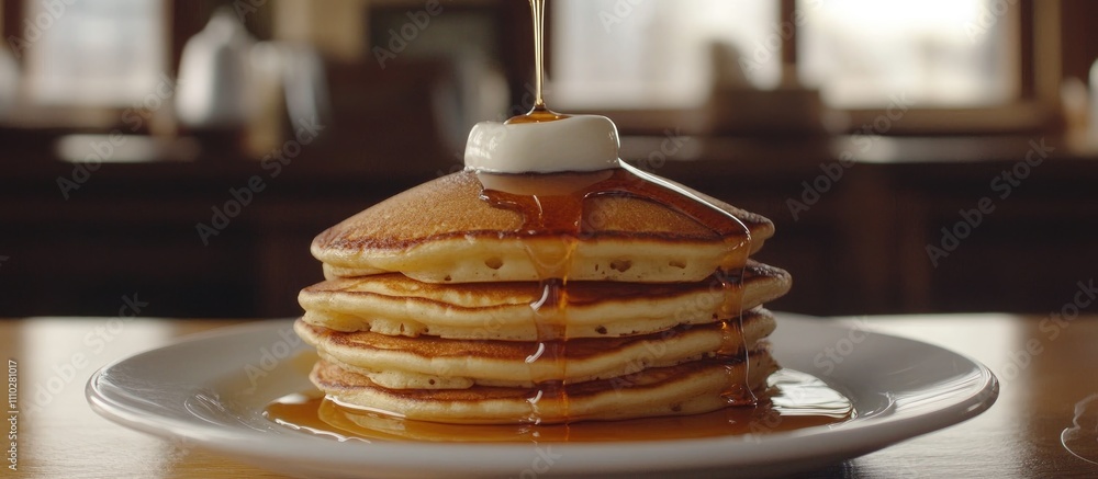 Poster delicious stack of pancakes drizzled with maple syrup served with a side of milk on a rustic wooden 