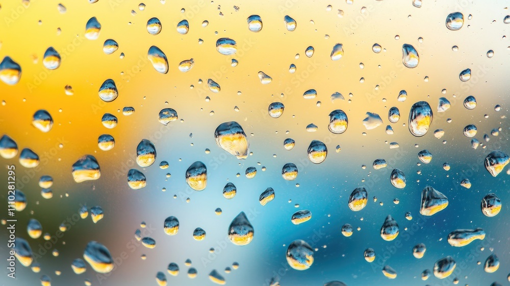 Poster macro shot of water droplets on glass creating an abstract background showcasing liquid interactions