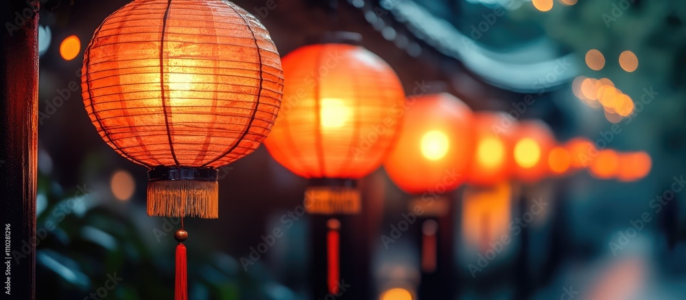 Poster row of traditional red lanterns glowing softly in the evening light creating a warm and inviting atm