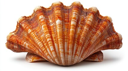 Obraz premium Colorful scallop shell isolated on a clean white background showcasing intricate textures and natural beauty of marine life