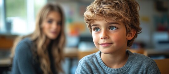 Obraz premium Young boy receiving speech therapy in classroom setting focused on communication skills and special educational methods