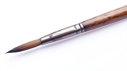 Naklejka premium Artistic paintbrush with a wooden handle and fine bristles isolated on a clean white background for creative projects and artistic expression.