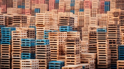 Colorful stacks of wooden pallets in a factory yard creating a vibrant industrial landscape background for logistics and storage concepts