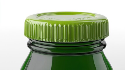 Green plastic bottle cap on a glass bottle with a clean white background suitable for packaging and product design concepts.