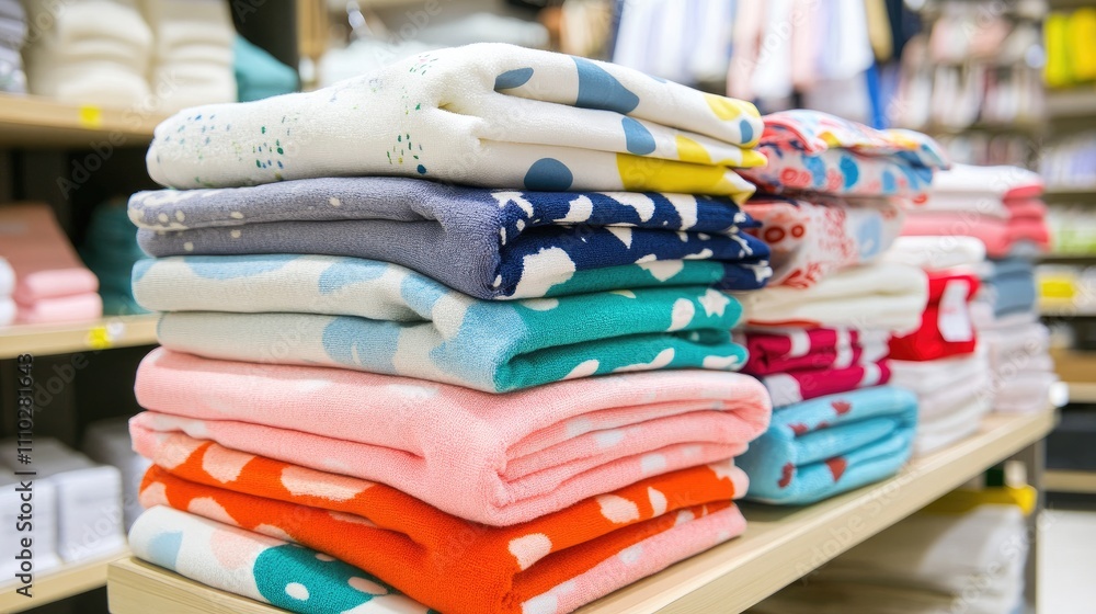 Poster colorful folded towels with abstract patterns arranged neatly on a store shelf ready for sale showca