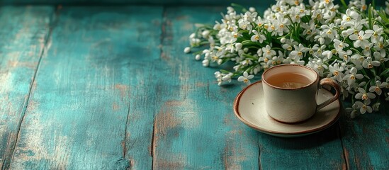 Spring floral scene with snowdrops and a cup of tea on a rustic table flatlay highlighting nature and relaxation elements