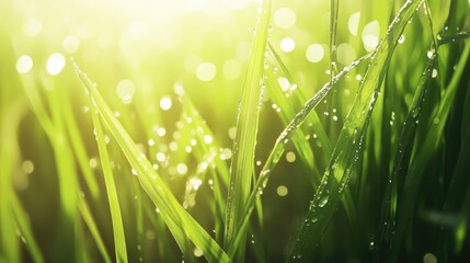 Fototapeta premium Lush green rice plants thriving in sunlit fields with sparkling water droplets and vibrant bokeh background in springtime.