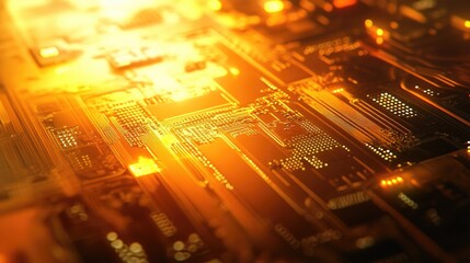 Digital data processing with circuit board and glowing connections over computer servers futuristic technology concept