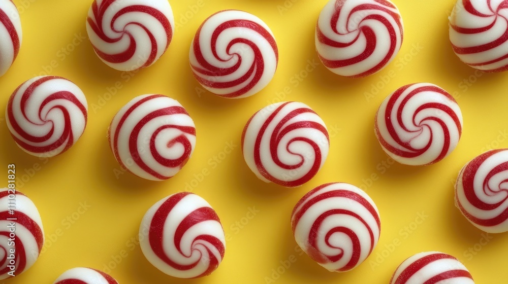 Poster humbug lollies arranged in a pattern on a vibrant yellow background creating a cheerful and colorful