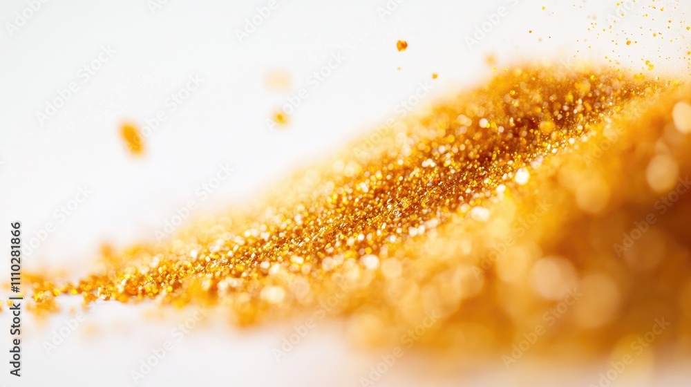 Poster golden glittering sand explosion creating an abstract wave with fine particles suspended in air agai