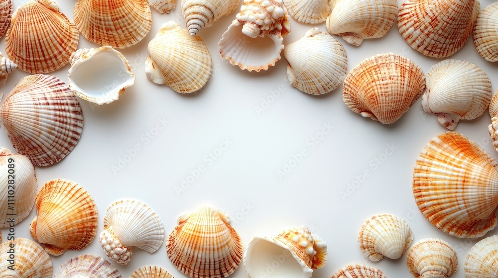 Poster assorted sea shells arranged in a circular frame on a bright white background showcasing their uniqu