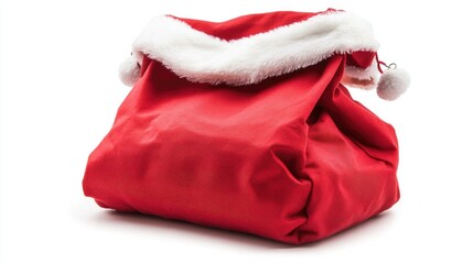 Red Santa bag with white fur trim opened against a white background perfect for Christmas decor and seasonal gifting illustrations