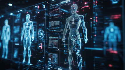 Advanced holographic display of human anatomy and biometric data in a high-tech research facility. Generative AI