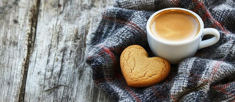 Heart-shaped cookie next to a cup of coffee on a rustic wooden table with a plaid cloth and ample copy space for text integration - Powered by Adobe
