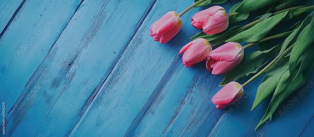 Poster pink tulips arranged beautifully on a rustic blue wooden surface with ample space for text or design