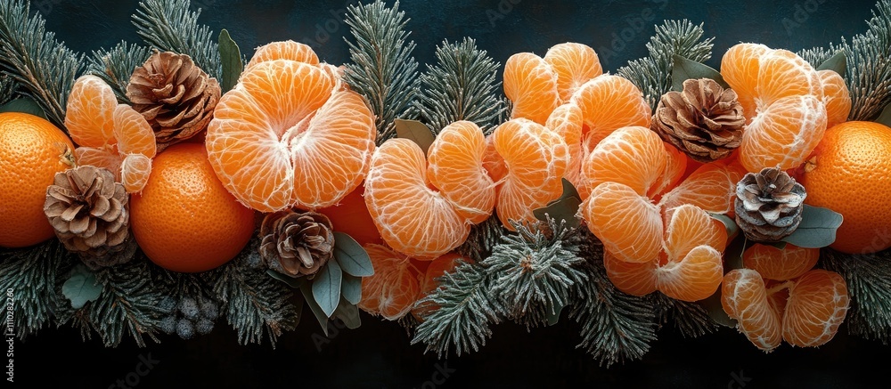 Poster peeled tangerines and pine branches with cones arranged in a close-up bird's eye view creating a fes